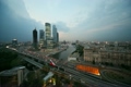 Moscow International Business Center and flag of Russia on foreground