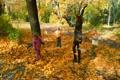 family throwing leaves in park
